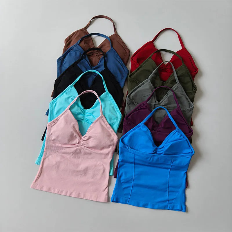 Longline Strappy Seamless Yoga Tank Top Ruched Backless Gym Workout Sleeveless Shirts with Built-in Bra Vest for Women