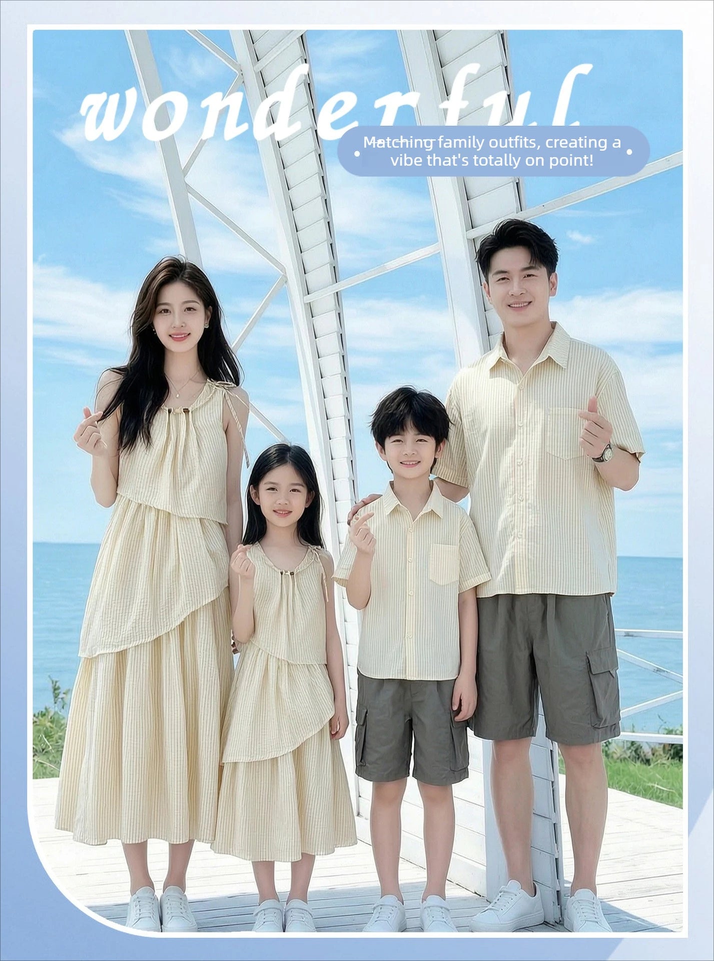 Mommy and Me Clothes Striped Print Family Matching Outfits Holiday Look Button Shirt Ruffles Dress Casual Clothing Set Beachwear