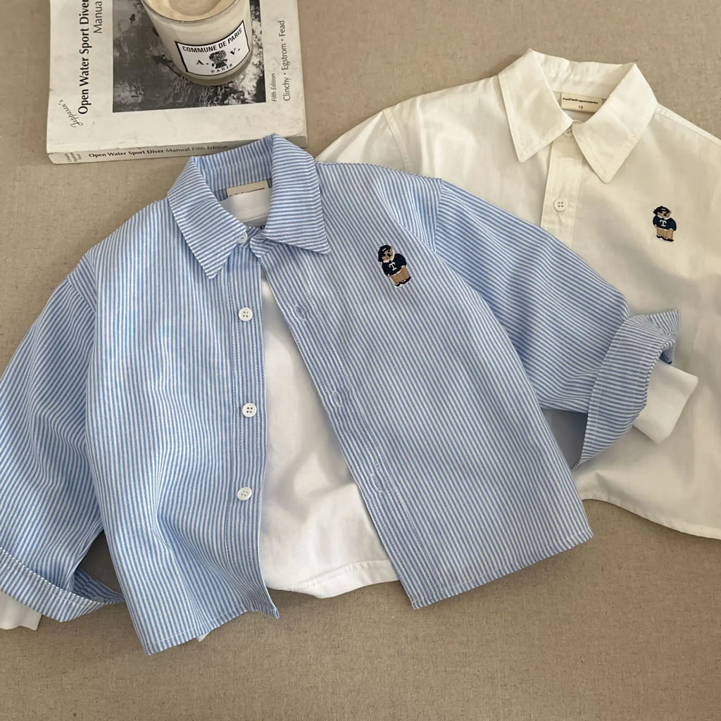 Children's Shirt 2025 Spring Cartoon Boys' Girls' Long Sleeve Blouses Shirts Korean Children's Clothing Pink Blue White Blouse