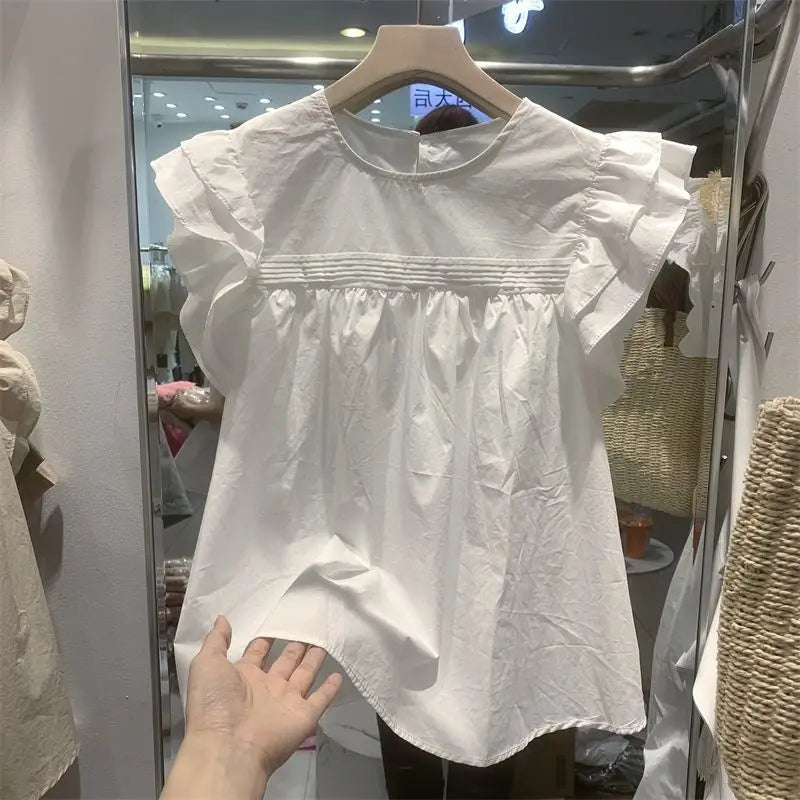 Women's Korean Style Ruffle Blouse – Loose O-Neck Flying Sleeve Vintage Top