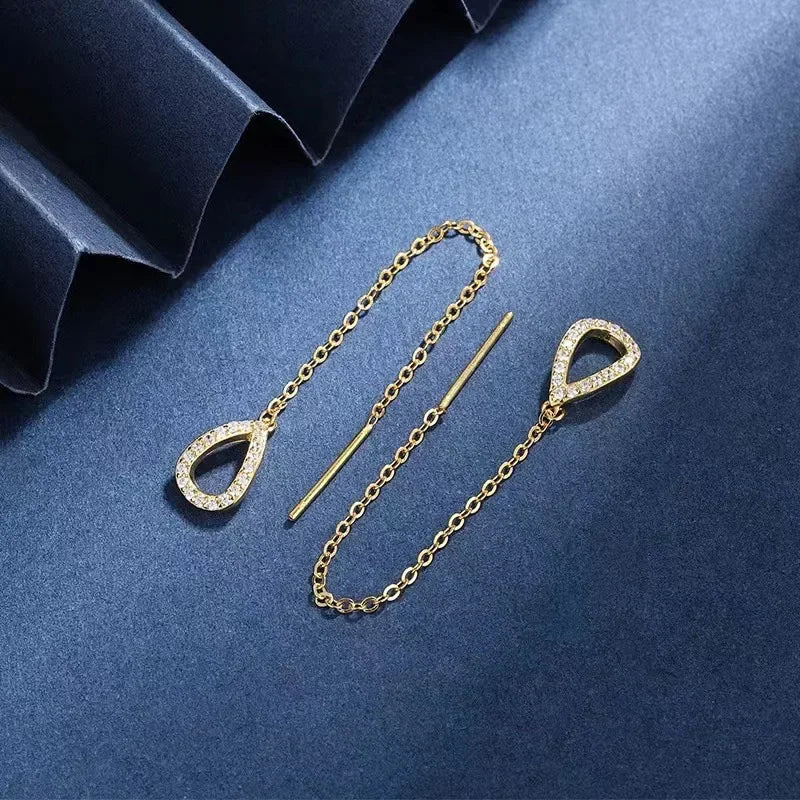 Rose Gold Threader Drop Earrings for Women Long Hanging Zircon Crystal Piercing Jewelry