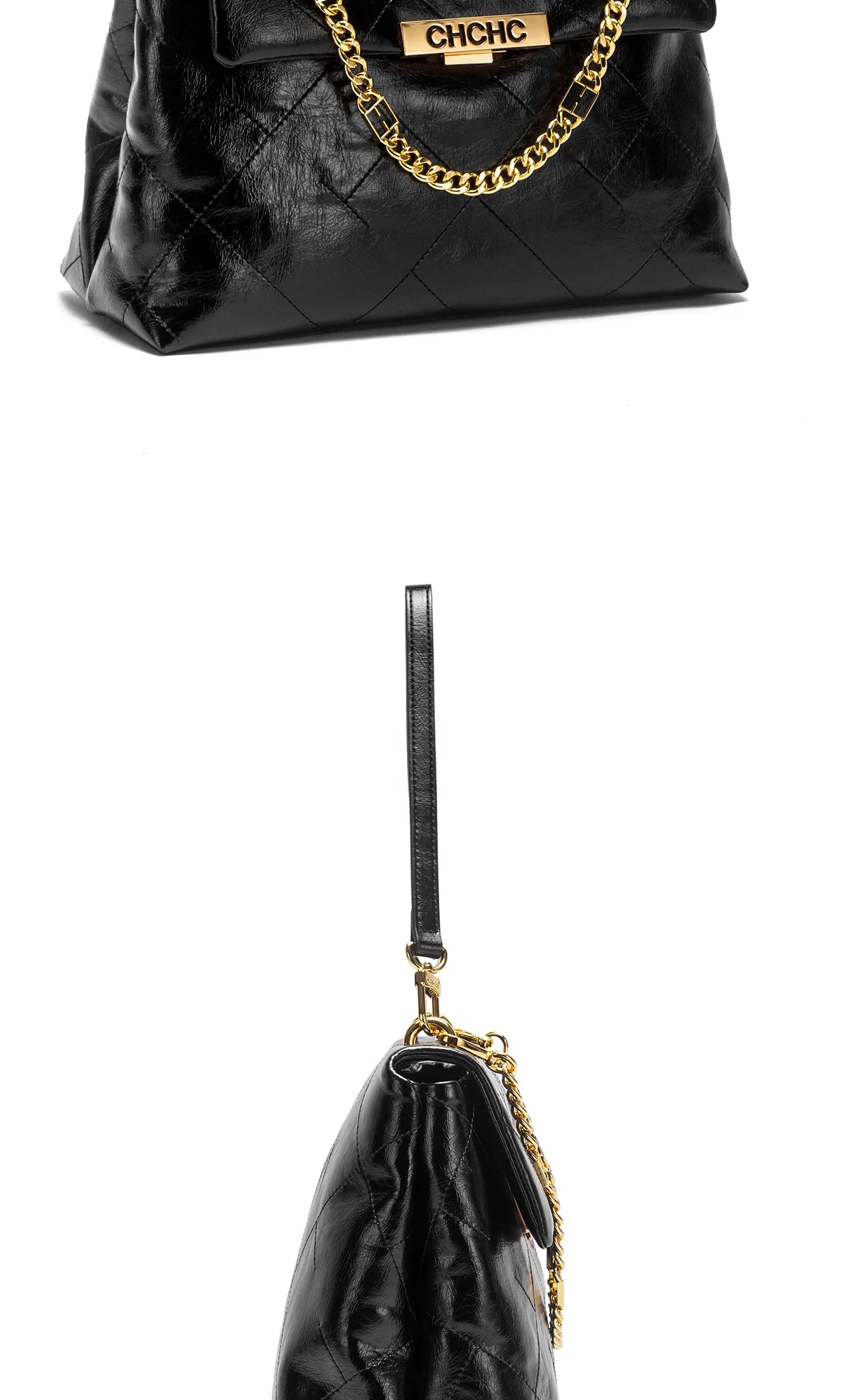 CHCH Women's Tote Bag - Black Faux Leather Diamond Grid Pattern