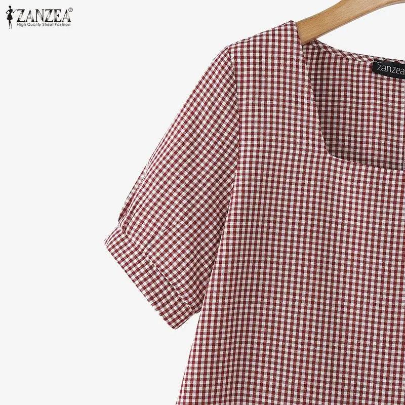 Summer Women's Gingham Knee-Length Dress Suqare Neck Short Puff Sleeve A-Line Ruffled Hem Dresses ZANZEA Daily Casual Robe Femme