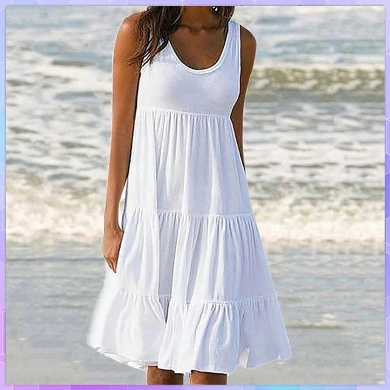 Summer Women's Causual O Neck Dress Sleeveless Ruffles Female Mini Dresses Boho Solid Loose Beach Sundress Vestidos платье