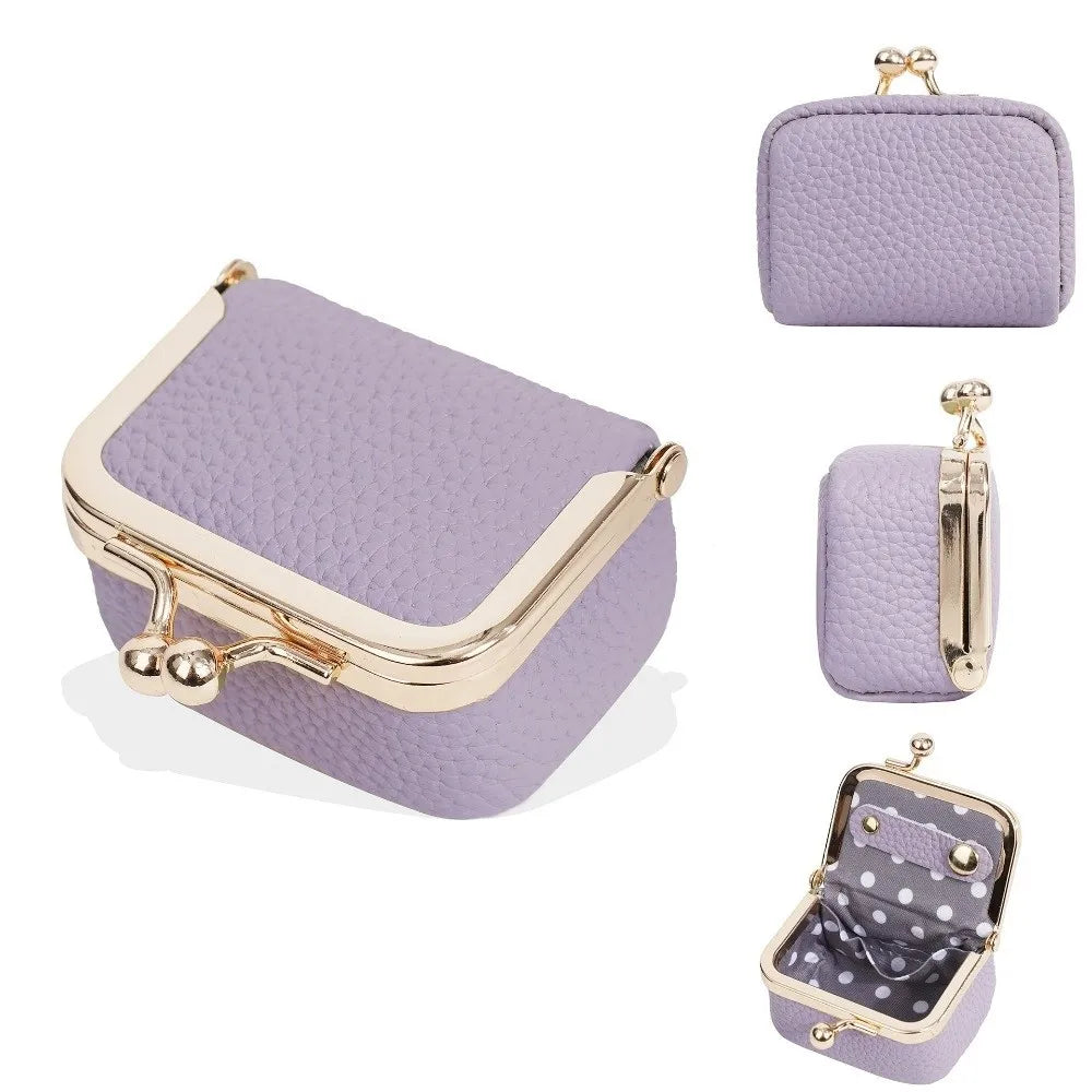 Wallet Genuine Leather Kiss Lock Coin Purse Solid Color Square Leather Jewelry Bag Multifunctional Mini Small Item Bag Earrings