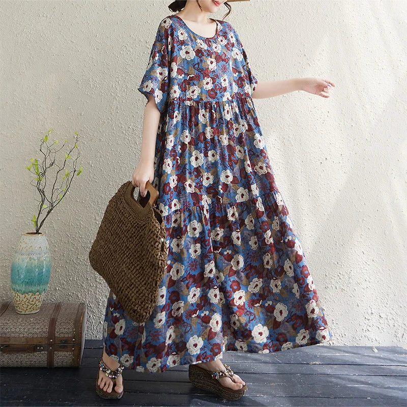THHONE Vestido Feminino Summer Dresses for Women 2025 Bohemian Holiday Floral O Neck Short Sleeve Casual Print Women's Clothes