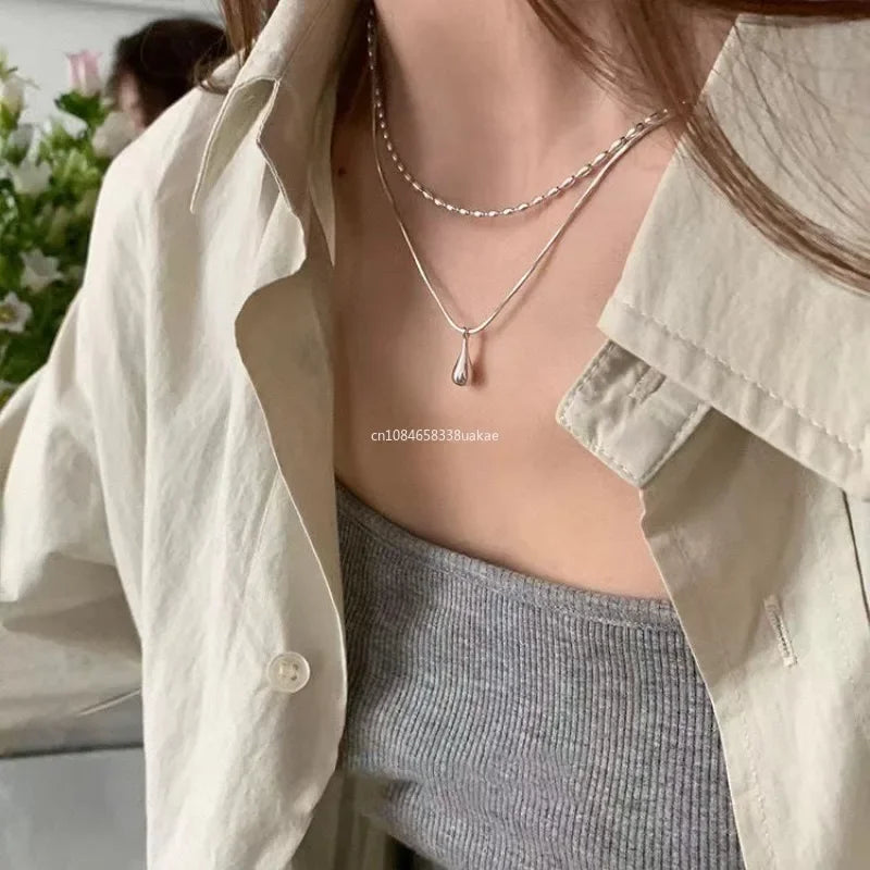 2025 Silver Design Drop Pendant Necklace For Women'S Double Collar Chain Fashion Fine Jewelry Gifts Long Layered Necklace
