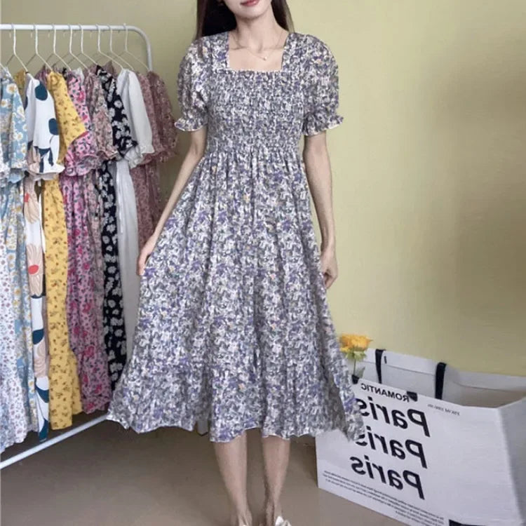 Fashion Female  Vestidos Short Sleeve Pleated A-line Dresses Spring Summer Elastic Waist Chiffon Dress Women Casual Dresses