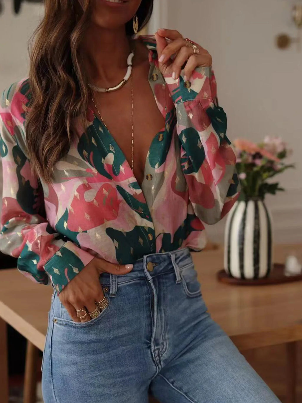 Women's Casual Printed Collar Shirt - Long Sleeve Loose Fit Top