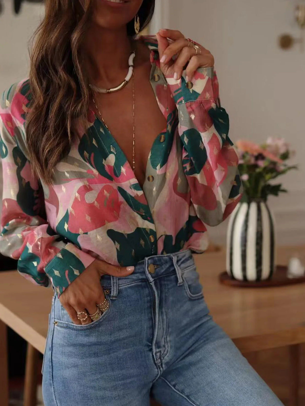Women's Casual Printed Collar Shirt - Long Sleeve Loose Fit Top