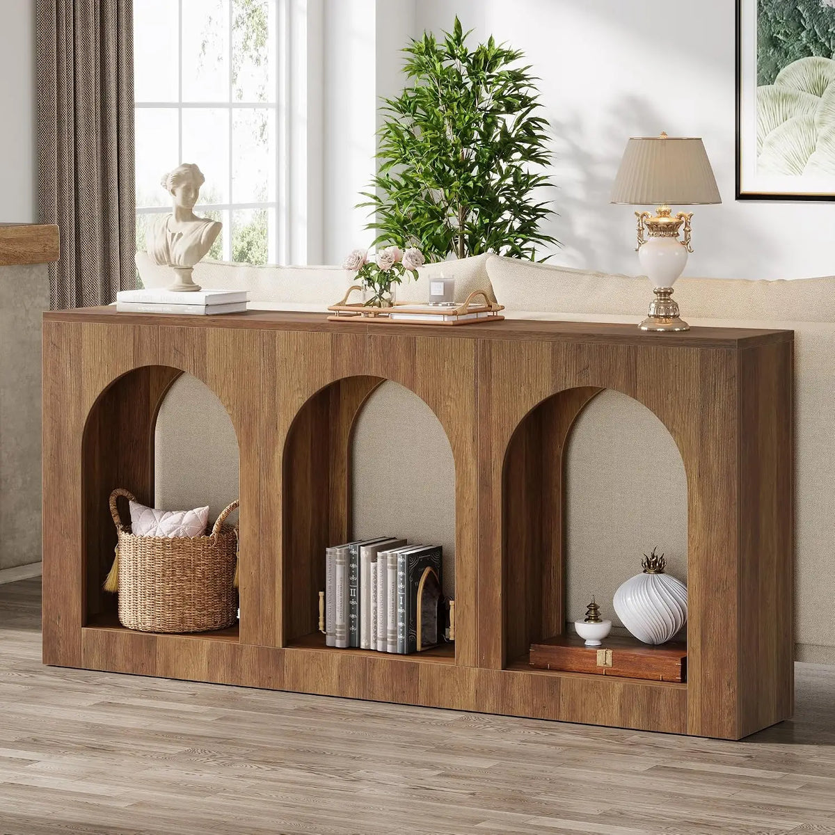 70.9" Console Table with 3 Arched Shelves, Wood Entryway Storage for Foyer Hallway Living Room, Narrow Long Brown, Customized