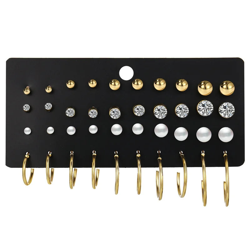 Trendy Vintage Gold Color Earrings Set Pearl Stud Earrings For Women'S Korean Geometric Crystal Small Earrings 2024 Brincosjewelry