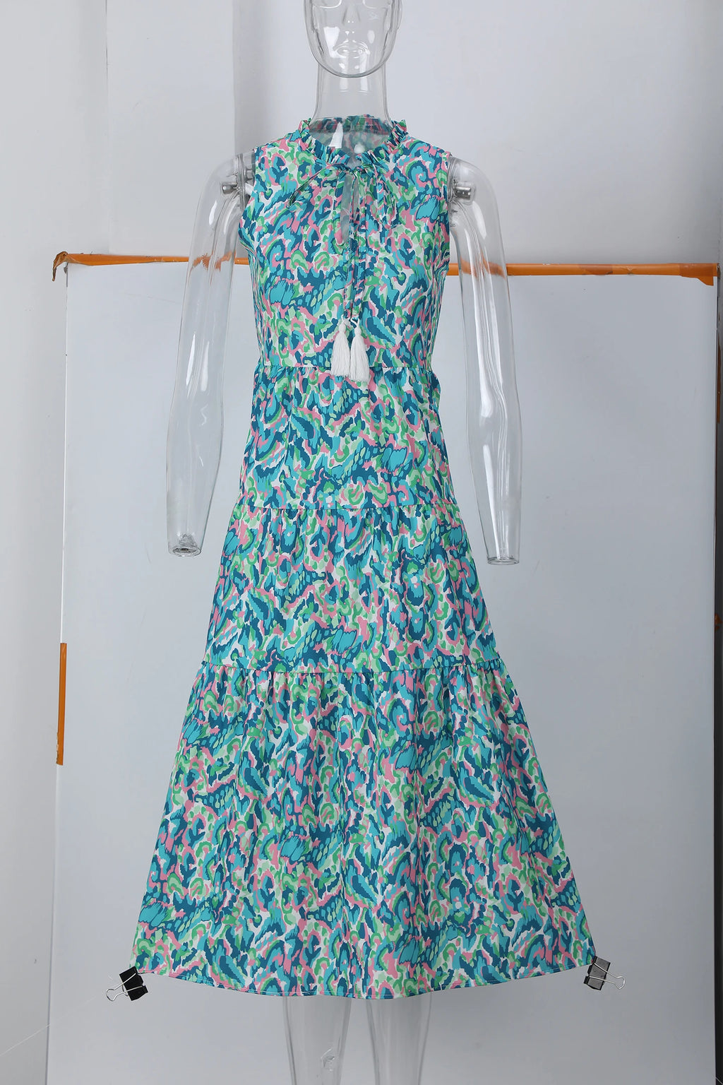 New European and American Summer Cross-border Seaside Vacation Mid to Long Sleeveless V-neck Tassel Abstract Print Dress