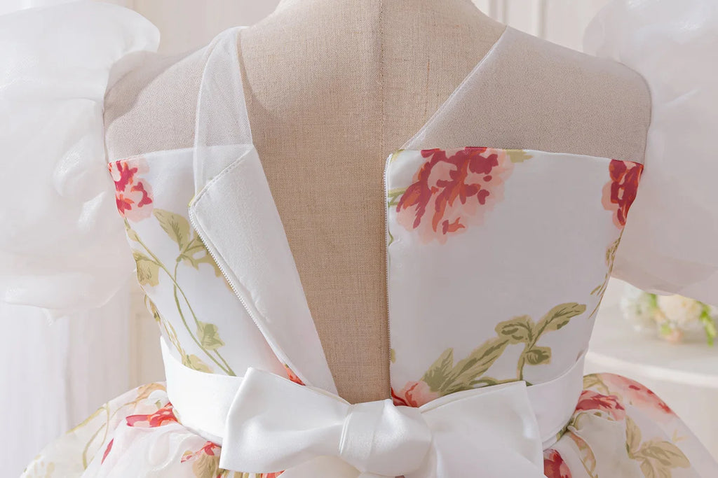 HETISO Girls Floral Chiffon Dress Korean Style Casual Birthday Gown White One-piece Summer Dress for Kids 2-10 Years