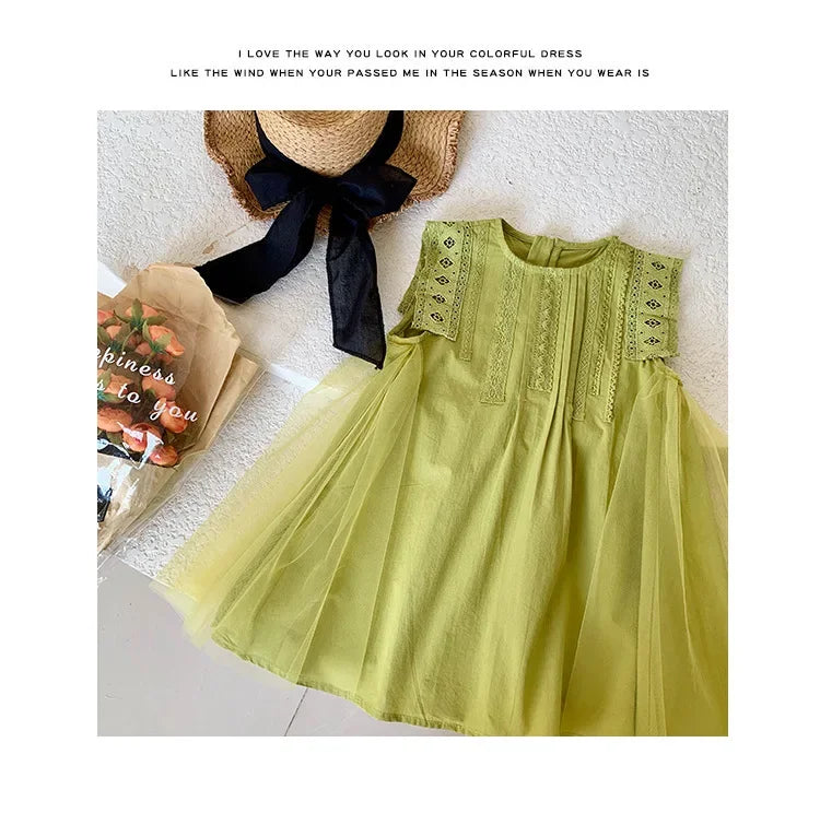 New Summer Princess Girls Dress Sleeveless Lace Mesh Dress For 2-8 Years Old Kids Children Birthday Present Clothes