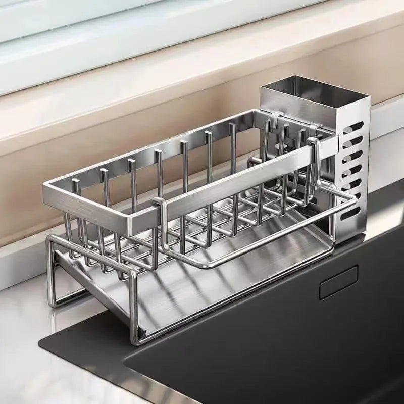 Rejilla de almacenamiento de herramientas de limpieza de fregadero, escurridor multifuncional de acero inoxidable para cocina, organizador de esponjas y detergentes, colgador de trapos