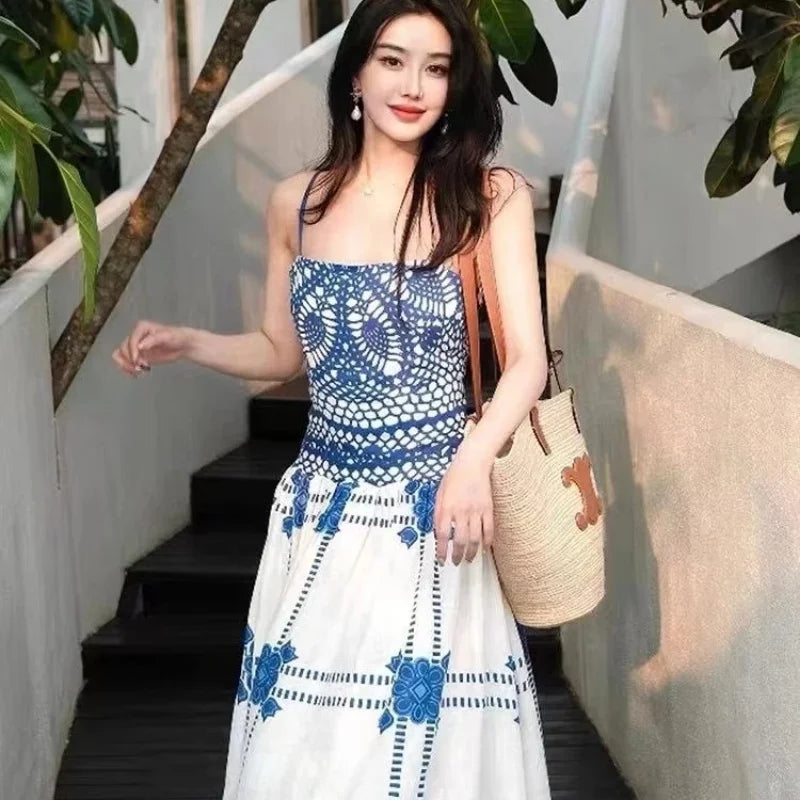 Bohemian Floral Embroidered Spaghetti Strap Maxi Dress Loose A-Line Summer Beach Dress for Women