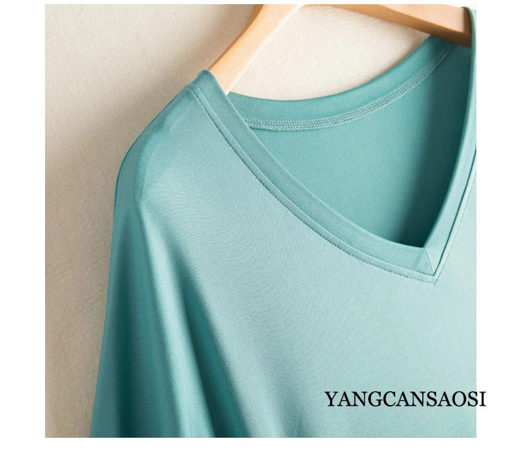 Women's Casual Summer New 23% Natural Mulberry Silk Side Slit V-neck Loose Shoulder Short Sleeved Solid Color Base Knitted Dress