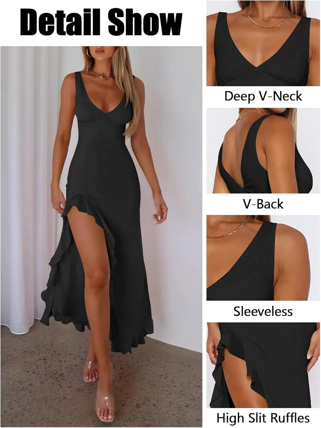 Luxury Black Formal Maxi Dress For Women Ruched Bust High Waist Flowy Ruffle Hem Gown For Brunch Birthday Wedding Guest Clubwear