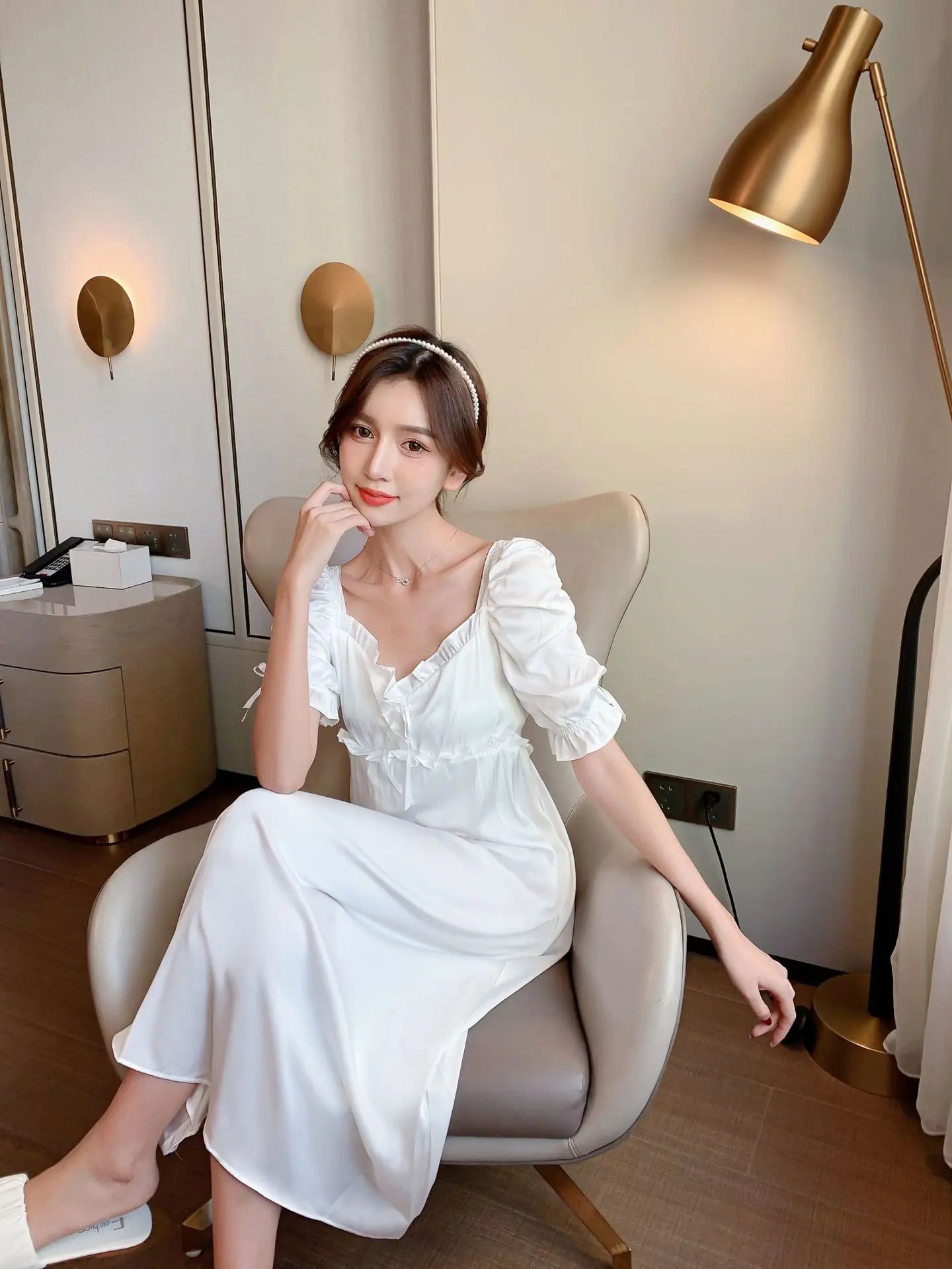Satin Long Nightgown Women Sweet Lovely French Sleepwear Retro Silk Short Sleeve Sleepshirt Ladies Fashion Nightdress Home Dress