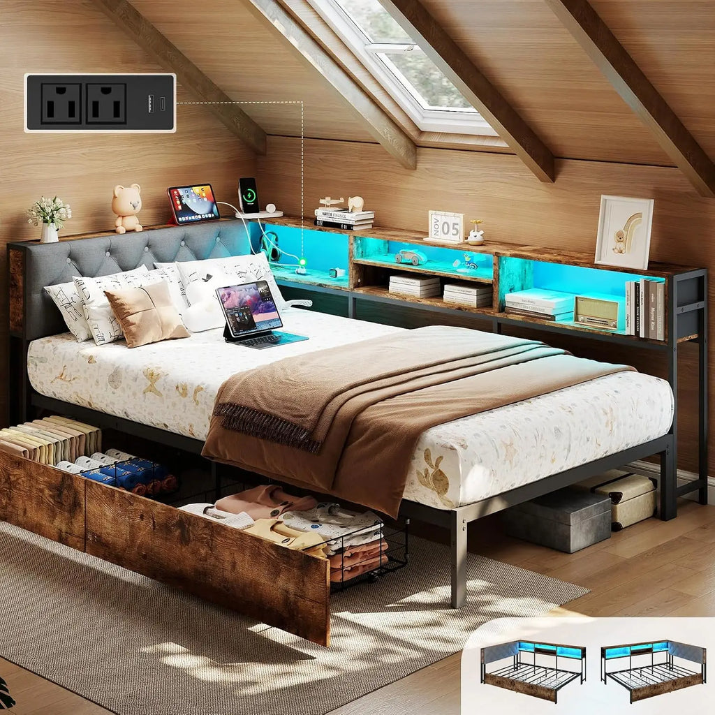 Twin Size Corner Bed Frame with Storage Bookcase and Headboard, Metal Platform Twin Bed with LED Lights and, Customized