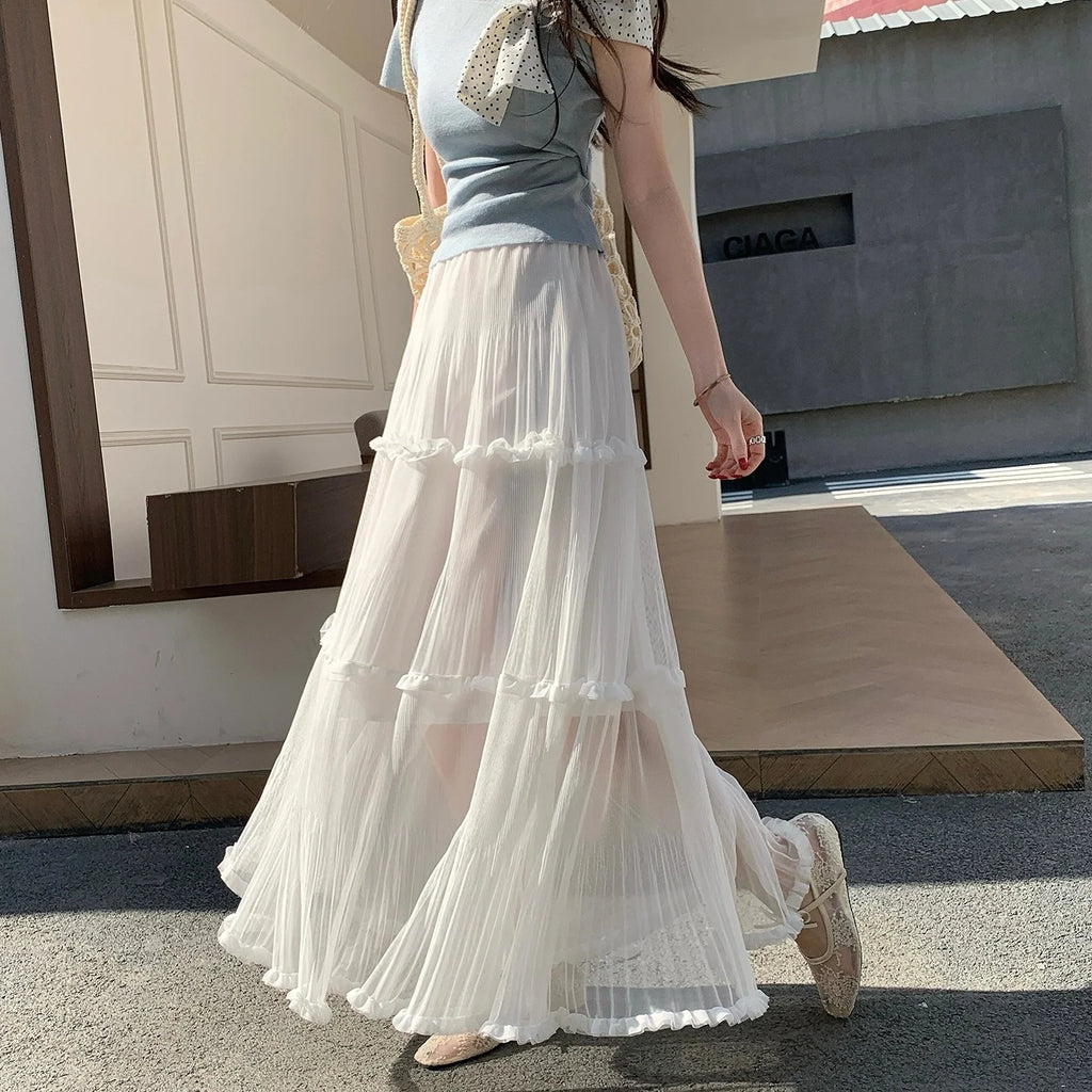 Sweet Pleated Half Skirt Korean Style Holiday Photo Long Atmosphere Spring Summer Cotton Blend Polyester Fiber Midi Skirt