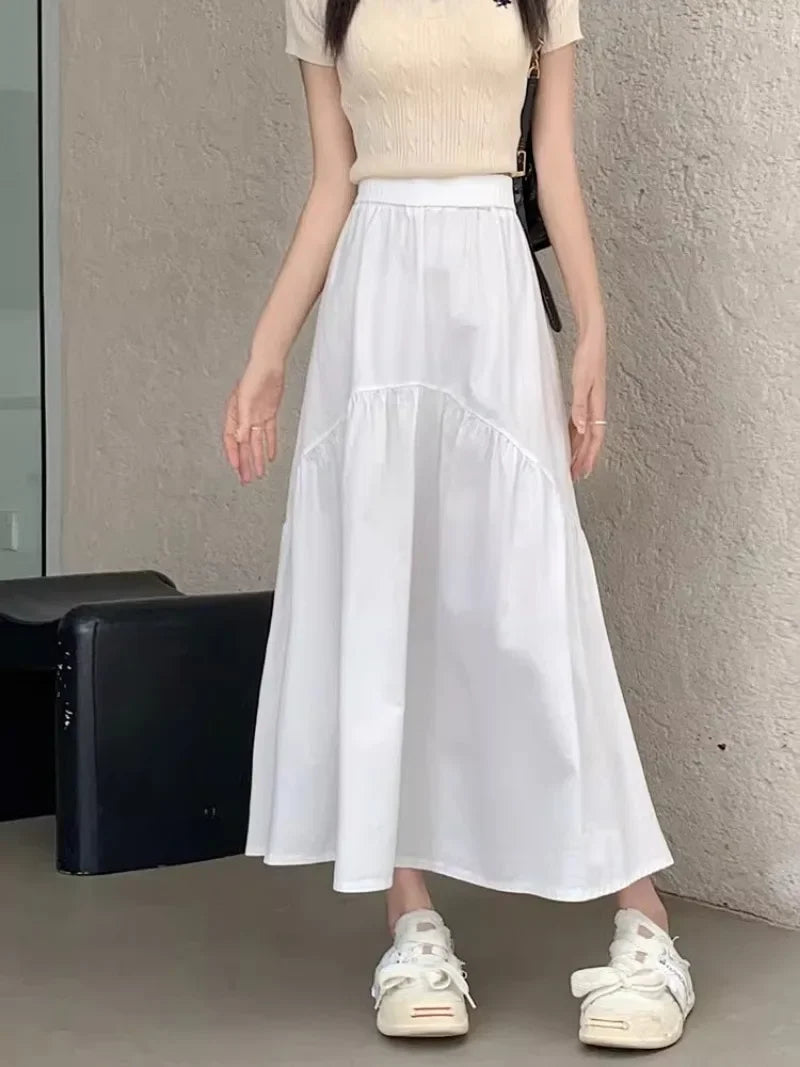 Elegant Women's Skirt Autumn New A-line Simple Fashion Solid Color Bustier Korean Pleated Splicing Elastic Waist Long Skirt