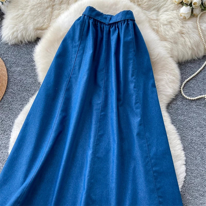 KAROFI Women Bow Tie Elastic Waist Denim Long Skirt Korean A Line Flowy Midi Jeans Skirt Casual Loose Vintage Blue Maxi Skirts