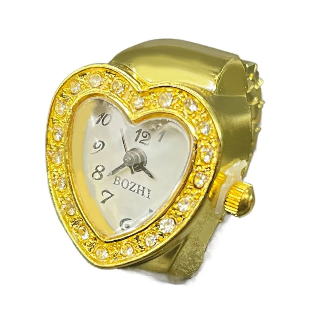 Finger Ring Watch For Couples Vintage Punk Heart Shape Quartz Clock With Adjustable Elastic Strap