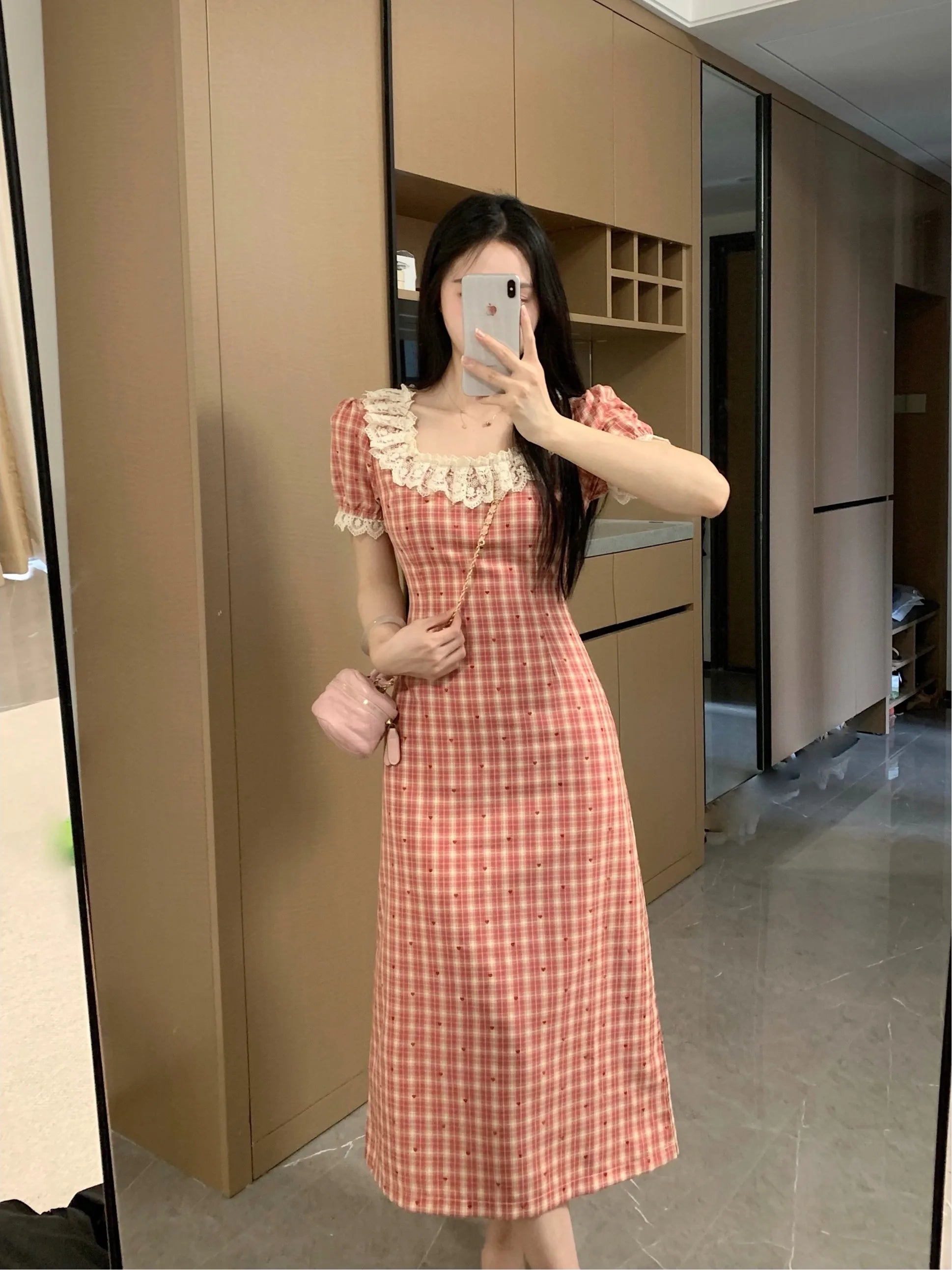 Plus Size Red Plaid A-Line Dress | High Waist Lace Trim Korean Style