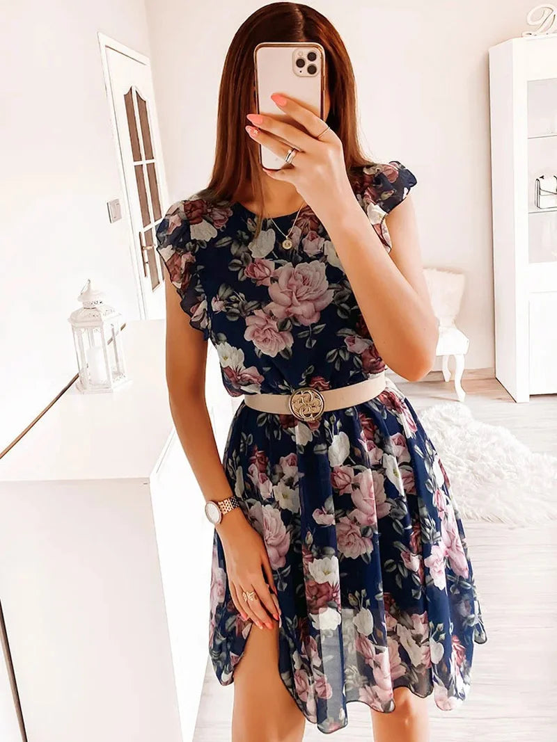 Ladies Sleeveless Elastic Waist Beach Dress 2026 Women V-Neck Pleated Chiffon Cover-Ups Summer Fashion Floral Printed Long Dress
