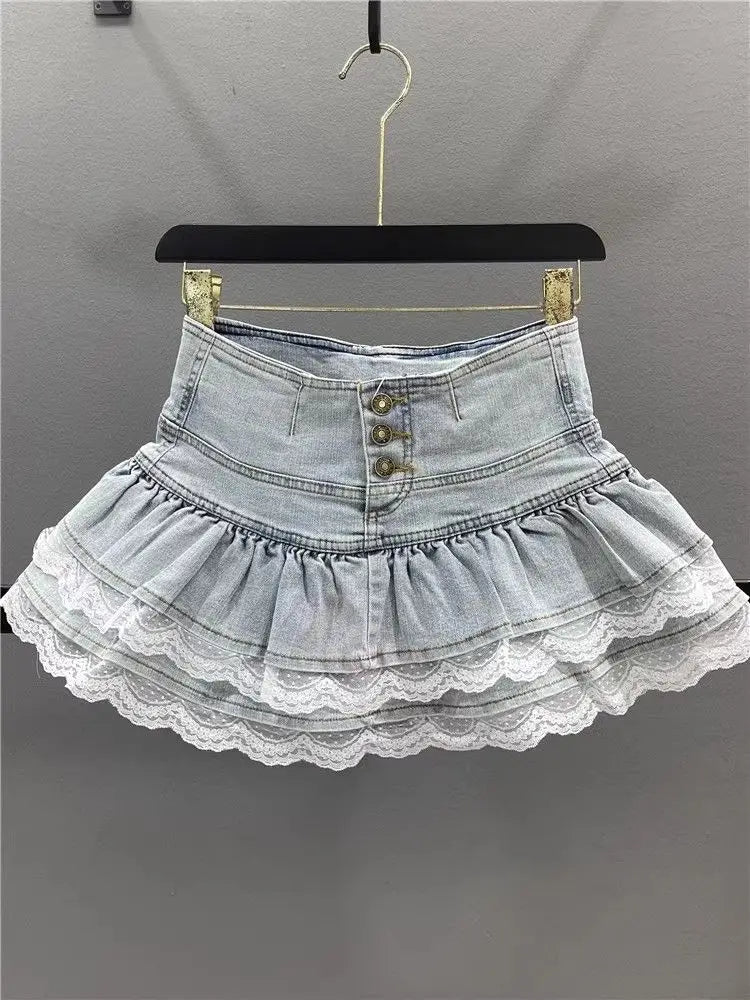Vintage Denim Pleated Skirt Woman LaceDesign A-line Y2k Mini Skirt Streetwear  American Spicy Girl Korea Fashion Hotsweet