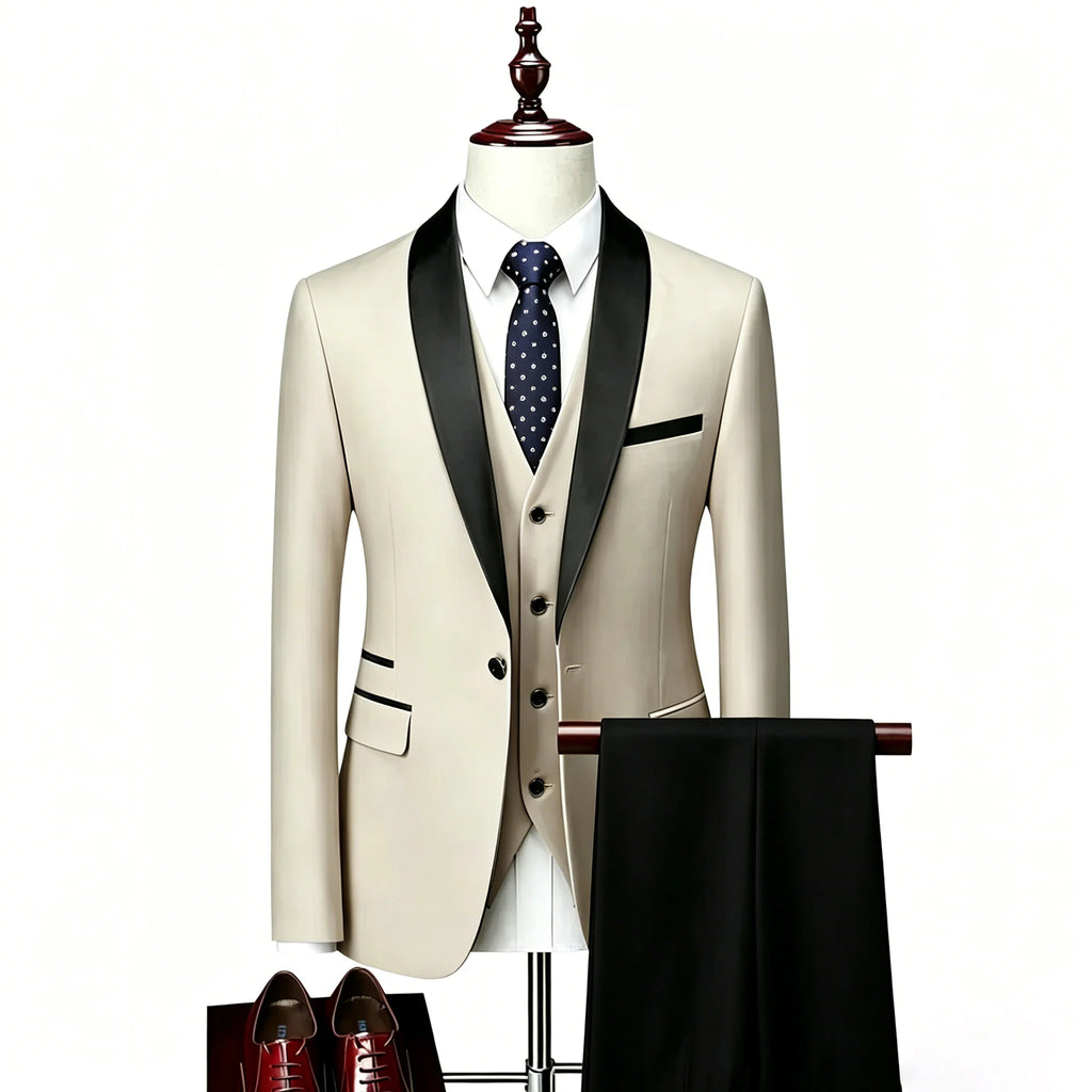 US Size XXS-3XL Men's 3 Piece Tuxedo Suit Set, Black Satin Shawl Lapel Slim Fit Blazer Vest Pants for Wedding Groom Party Prom