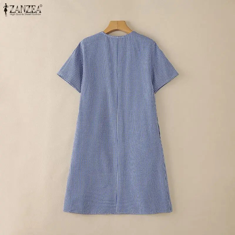 ZANZEA Women's Casual Gingham Short Dresses Turn-Down Collar Half-Button Short Sleeve Knee-Length Dress Summer Robes Femme
