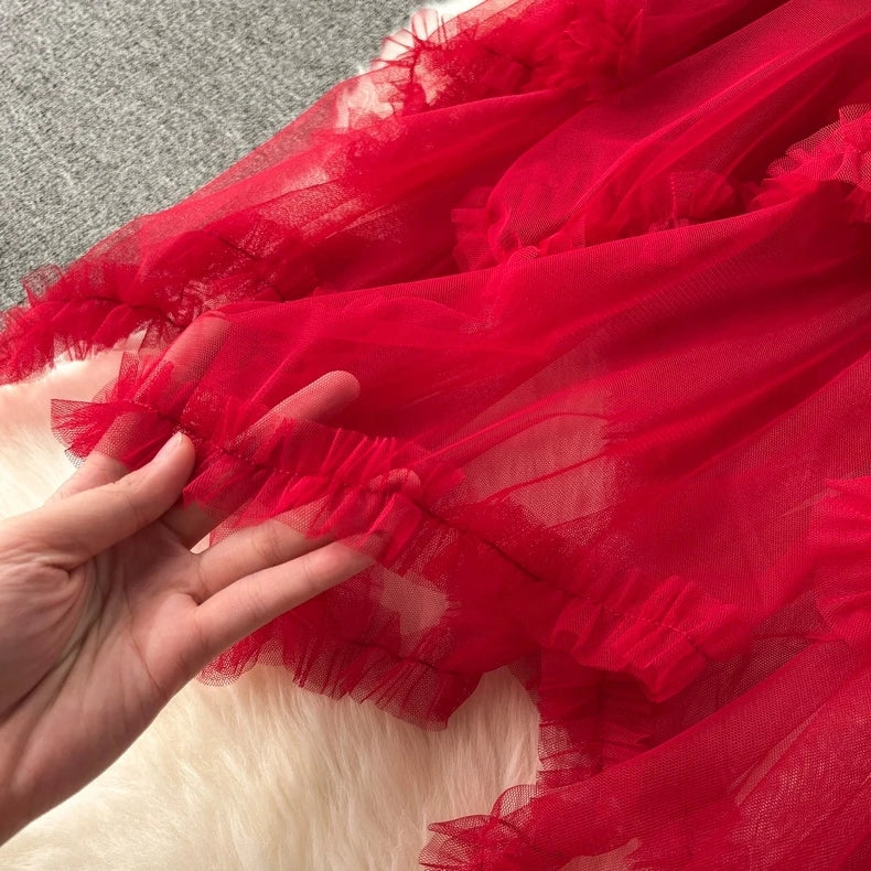 Sweetheart Fairy Dreamy Asymmetrical Tulle Skirt, High Waist A-Line Midi Layered Skirts for Women
