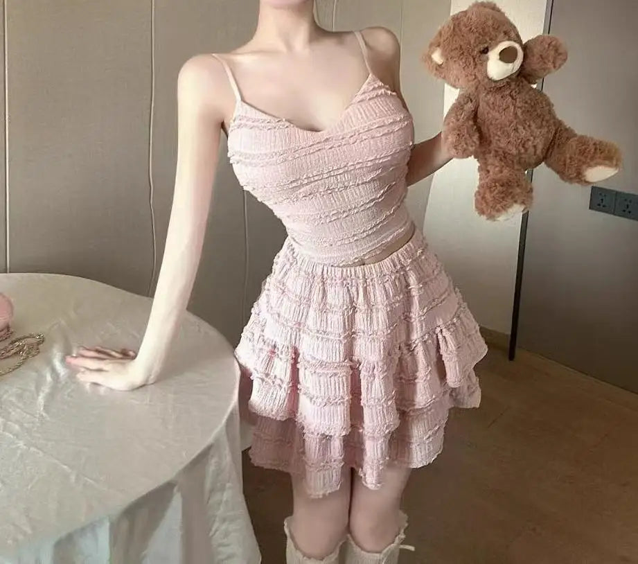 Ballet Style Puffy Short Skirt Women Summer Lace Crop Top Design Sensation Half Skirt Pure Desire Sweet And Spicy Set