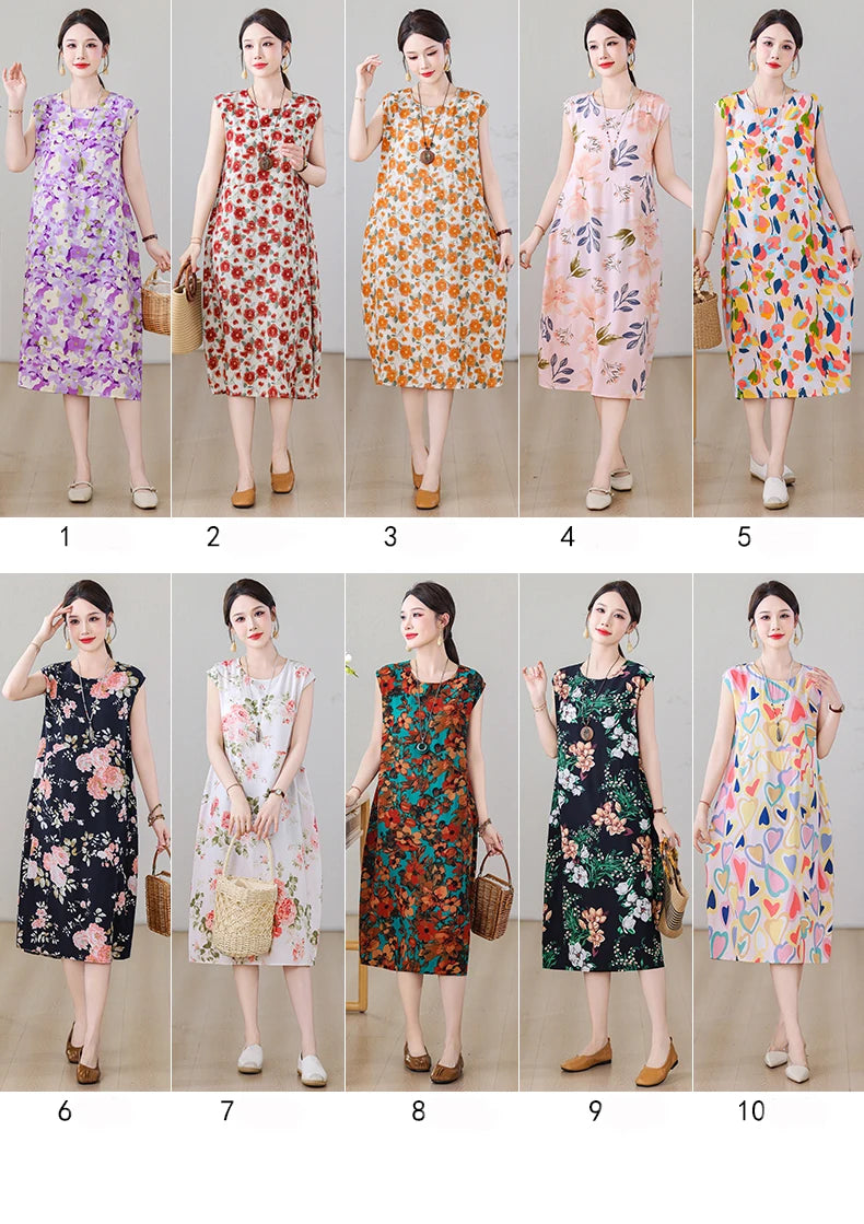 New Fashion Vintage Floral Print  Sleeveless Casual Party Femme Summer Dresses For Women 2025 O-neck Straight Women Clothing
