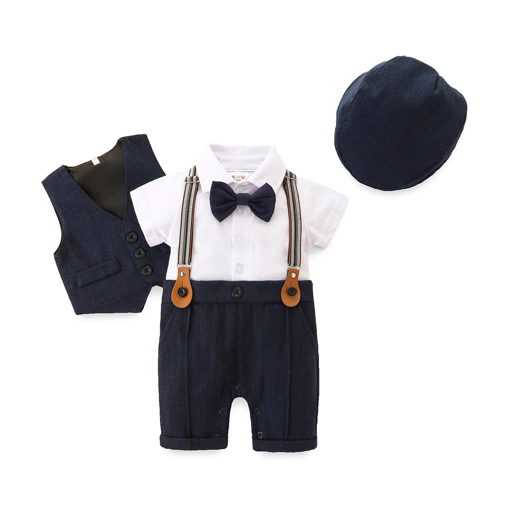 FOCUSNORM 0-24M 3 Colors Baby Boys Gentleman Clothes Sets 3pcs Short Sleeve Patchwork Bow Romper + Vest Coat+ Hat