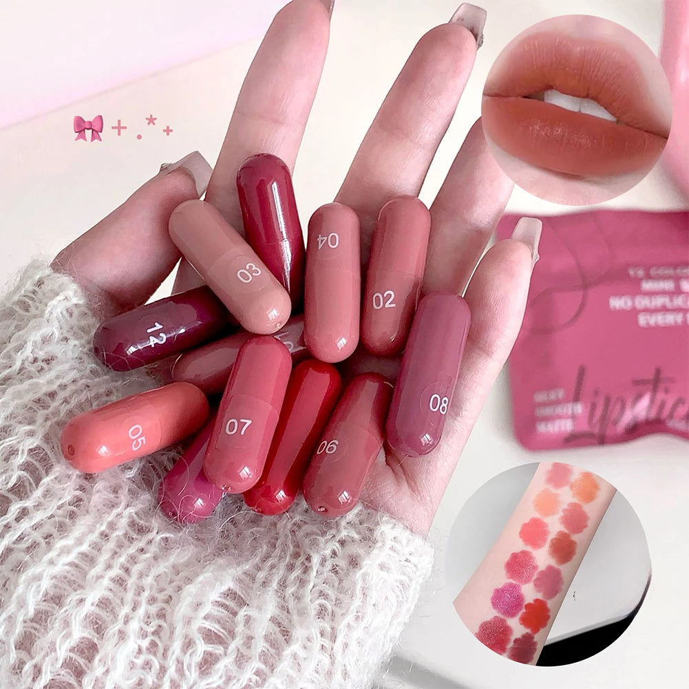 Matte Lipstick Capsule Set 12 Colors Long Lasting Non Fading Perfect Women Gift for Festival Makeup Lip Balm