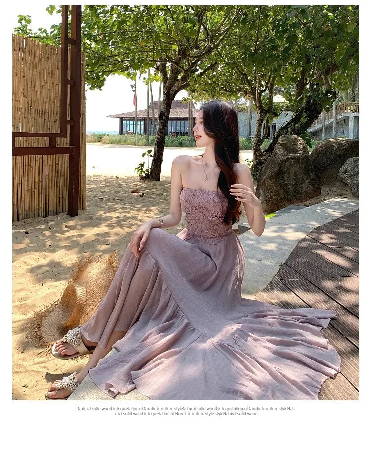 Slimming Dry Rose Splicing Tube Top Beach Dress Women's Style Long A-Line Skirt High Waist No Sleeve Shoulderless Polyester