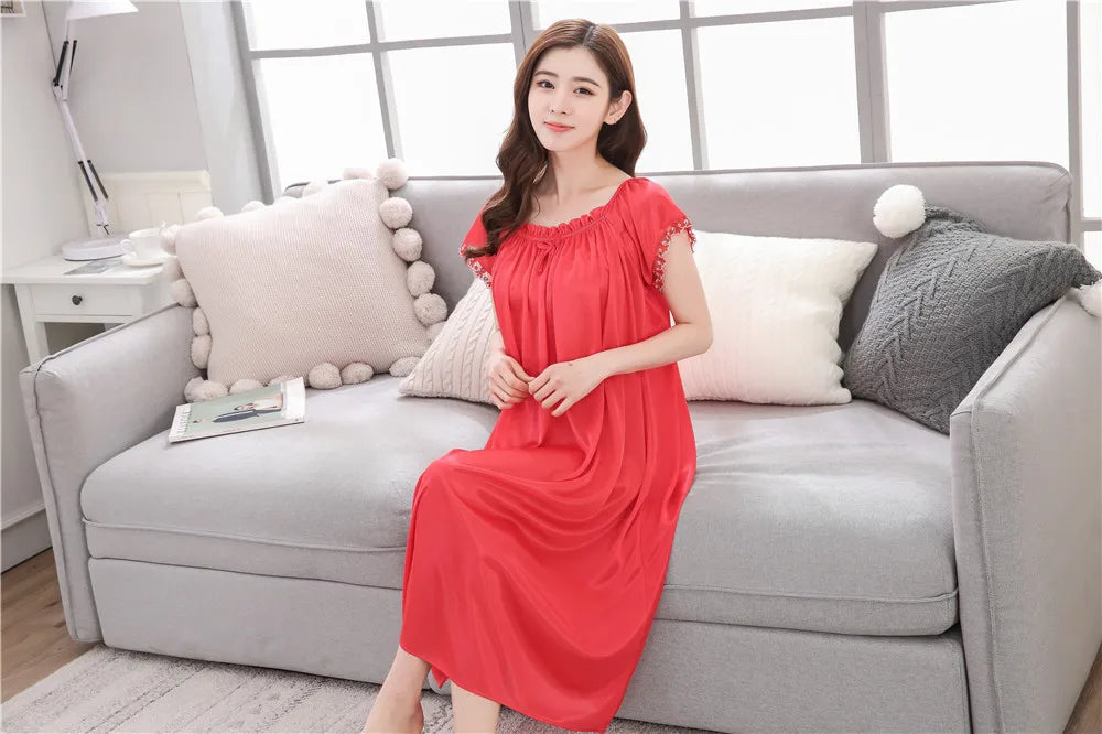 2026 New Women's Summer Imitation Silk Sleeping Skirt Multi Colored Short Sleeved Home Clothes Ice Silk Pajama Dress