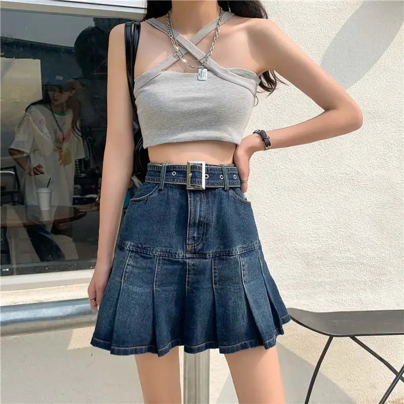 Spicy Girl Denim Half Skirt Women's Summer 2026 INS New Korean Retro High Waist Slim A-Line Pleated Short Skirt Trendy