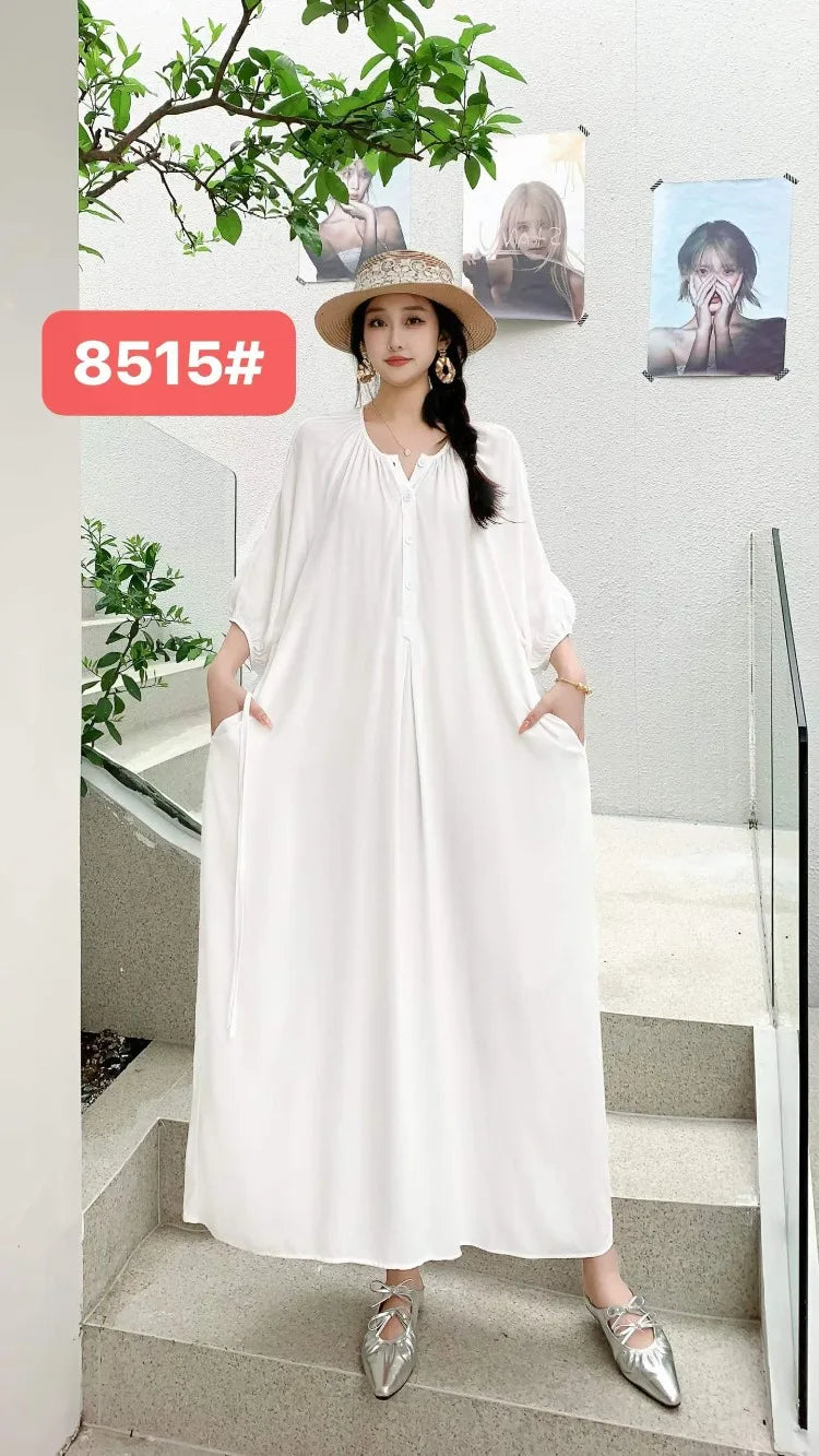 THHONE Summer Plus Size Dress Robe Solid Long Casual Loose Vintage Vestidos Para Mujer Oversized Dresses Half Sleeve Belt Pocket