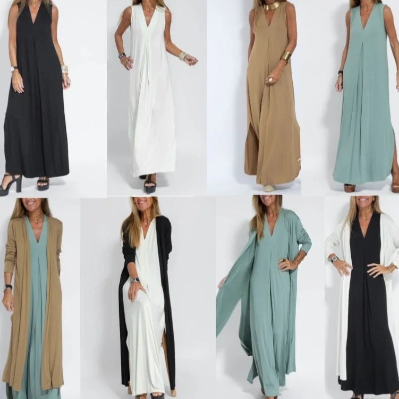 Spring Summer 2026 New Style Pure Color V-Neck Pullover Dress Cardigan Set Women's Versatile Long Skirt Casual Comfortable