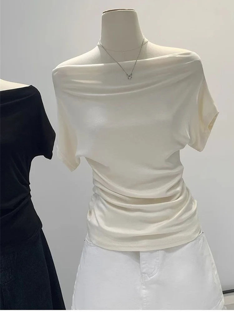 Summer One Shoulder Black Women's T-shirt Short Sleeve Korean Style Slimming Top Exposed Shoulder Fashionable