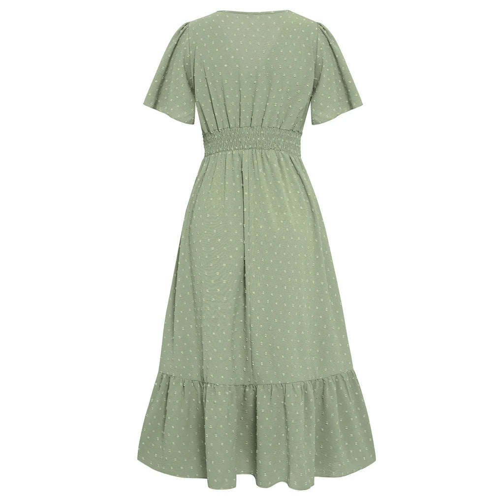 Women V-Neck Ruffle Hem Maxi Dress Solid Short Sleeve Flowy Long Dress Summer Elegant Beach Vacation Party Wedding Guest Outfit