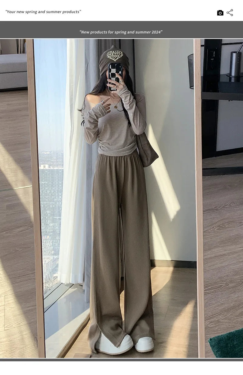 Women's High Waist Wide Leg Knitted Pants - Side Split Casual Long