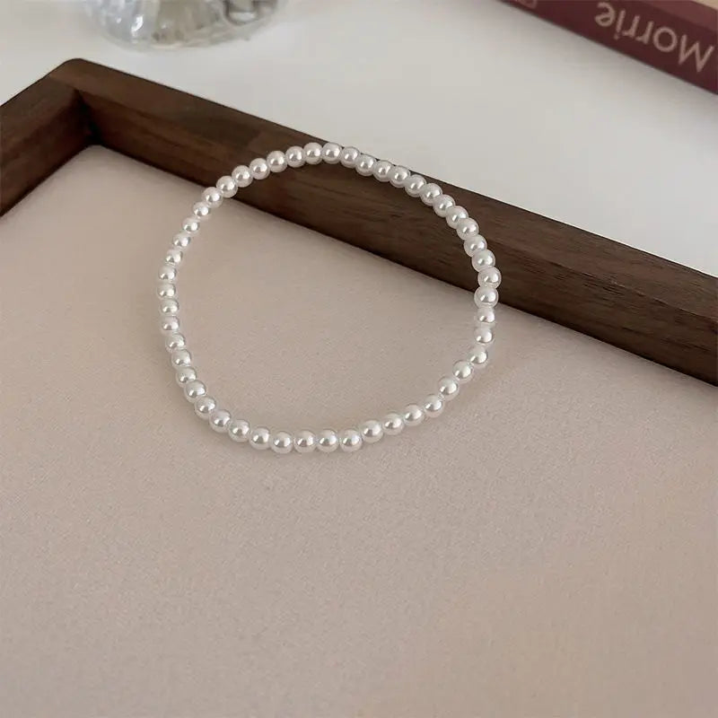 Elegant White Faux Pearl Beaded Bracelet For Women Adjustable Elastic Rope Luxury Jewelry