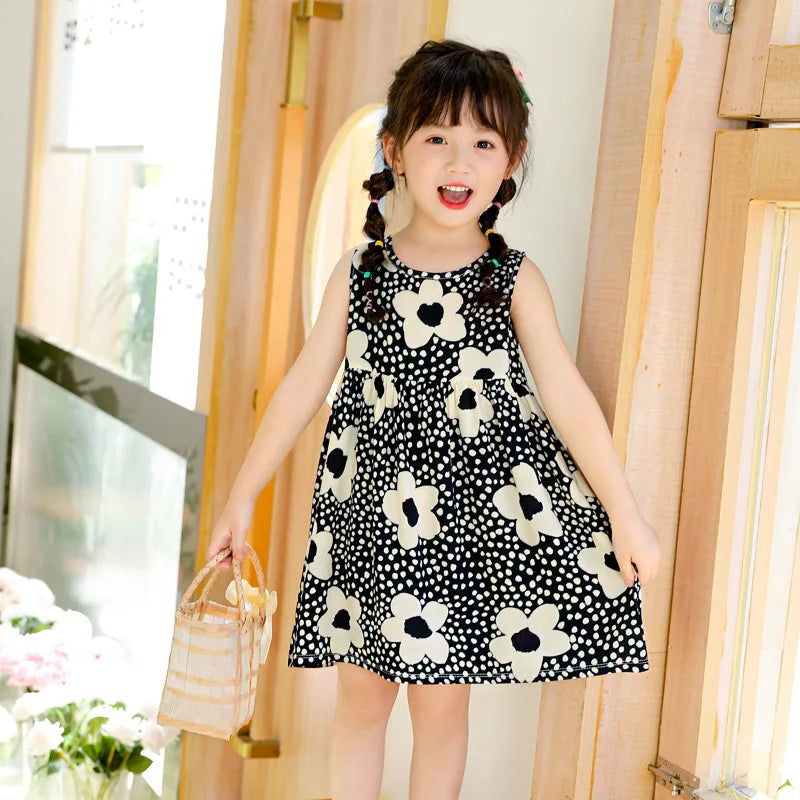 2026 Summer Girls Strapless Dress Baby Poplin Sling Dress Children Floral Pattern Dress Kids Casual Nightdress