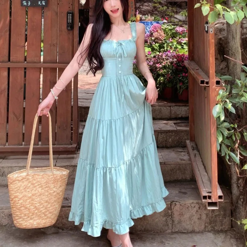 Sweet Long Dresses Beach Style Spring Summer A-line Elegant Women Dress Korean Fashion Sleeveless Ruffles Vestidos Mujer